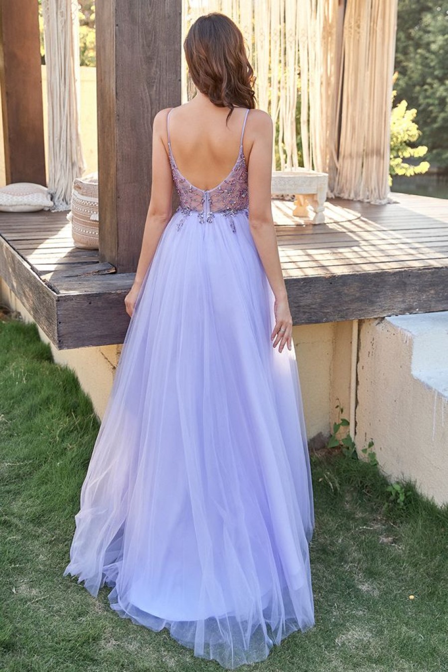 Homrain Lavender Tulle A-Line Prom Dress With Beading | Purple Prom Dresses