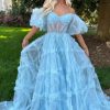 Homrain A Line Off The Shoulder Tulle Corset Prom Dress With Bowknot | Blue Prom Dresses