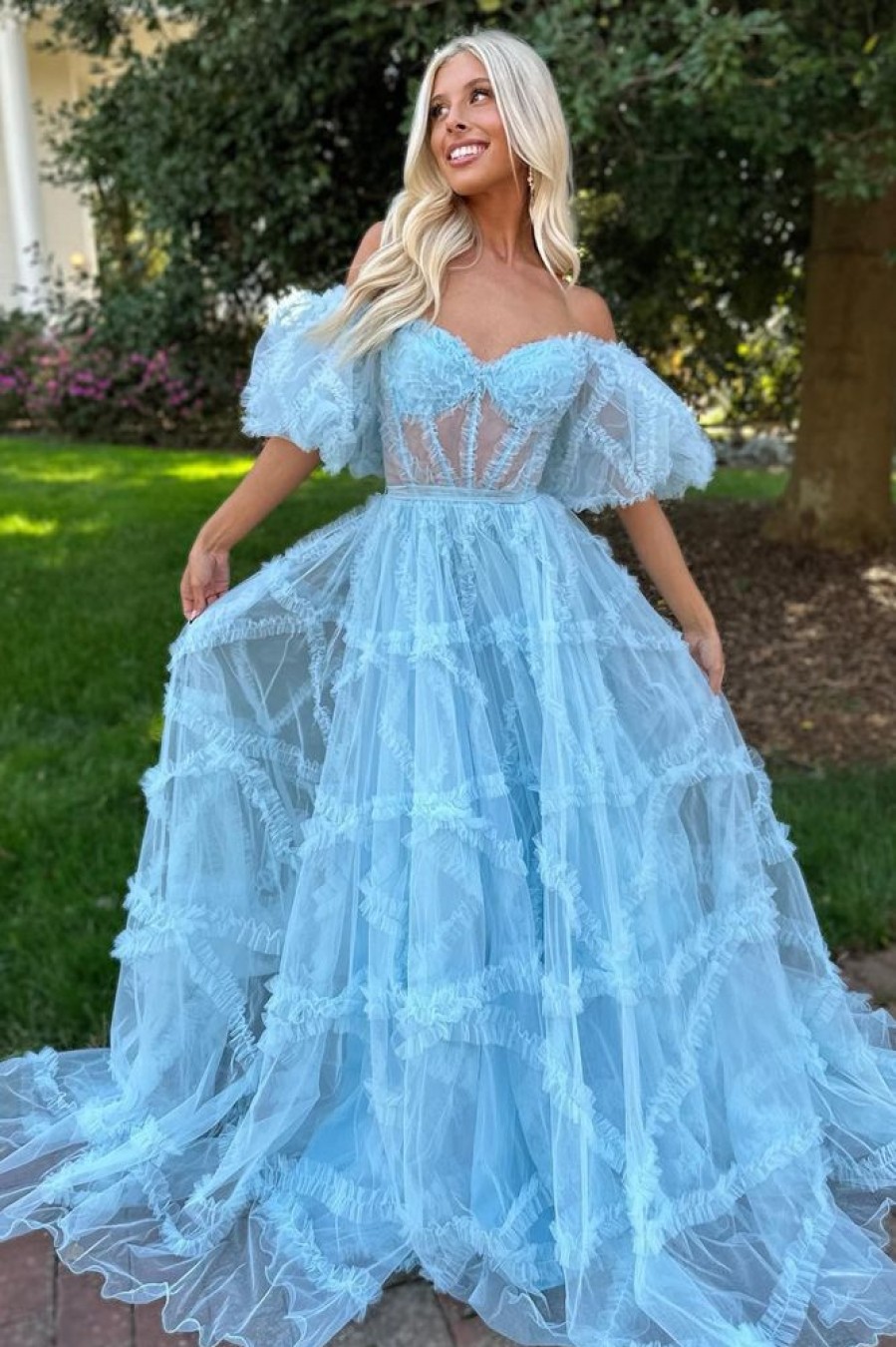 Homrain A Line Off The Shoulder Tulle Corset Prom Dress With Bowknot | Blue Prom Dresses