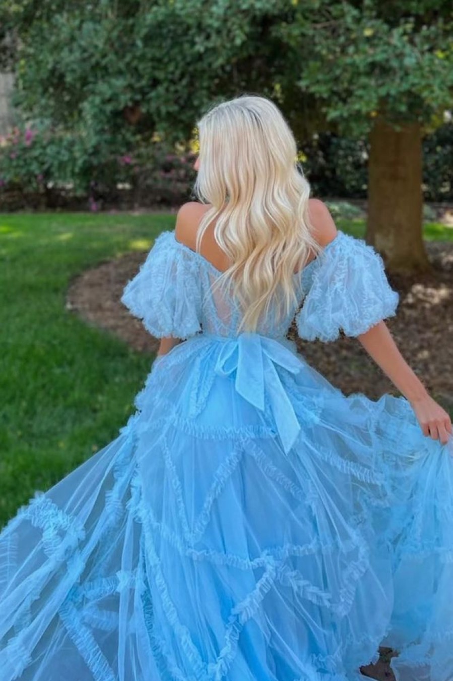 Homrain A Line Off The Shoulder Tulle Corset Prom Dress With Bowknot | Blue Prom Dresses