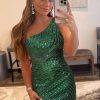 Homrain Glitter One Shoulder Beaded Tight Homecoming Dress | Green Hoco Dresses