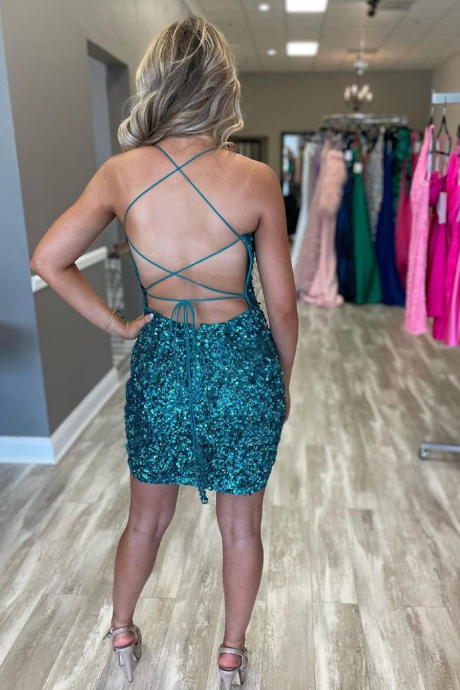 Homrain Sparkly Backless Spaghetti Straps Tight Short Homecoming Dress | Green Hoco Dresses