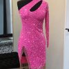 Homrain Sparkly Hot Pink Sequin Beaded Cut Out Tight Short Homecoming Dress With Fringes | Hot Pink Hoco Dresses