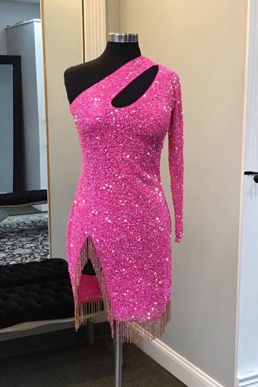 Homrain Sparkly Hot Pink Sequin Beaded Cut Out Tight Short Homecoming Dress With Fringes | Hot Pink Hoco Dresses