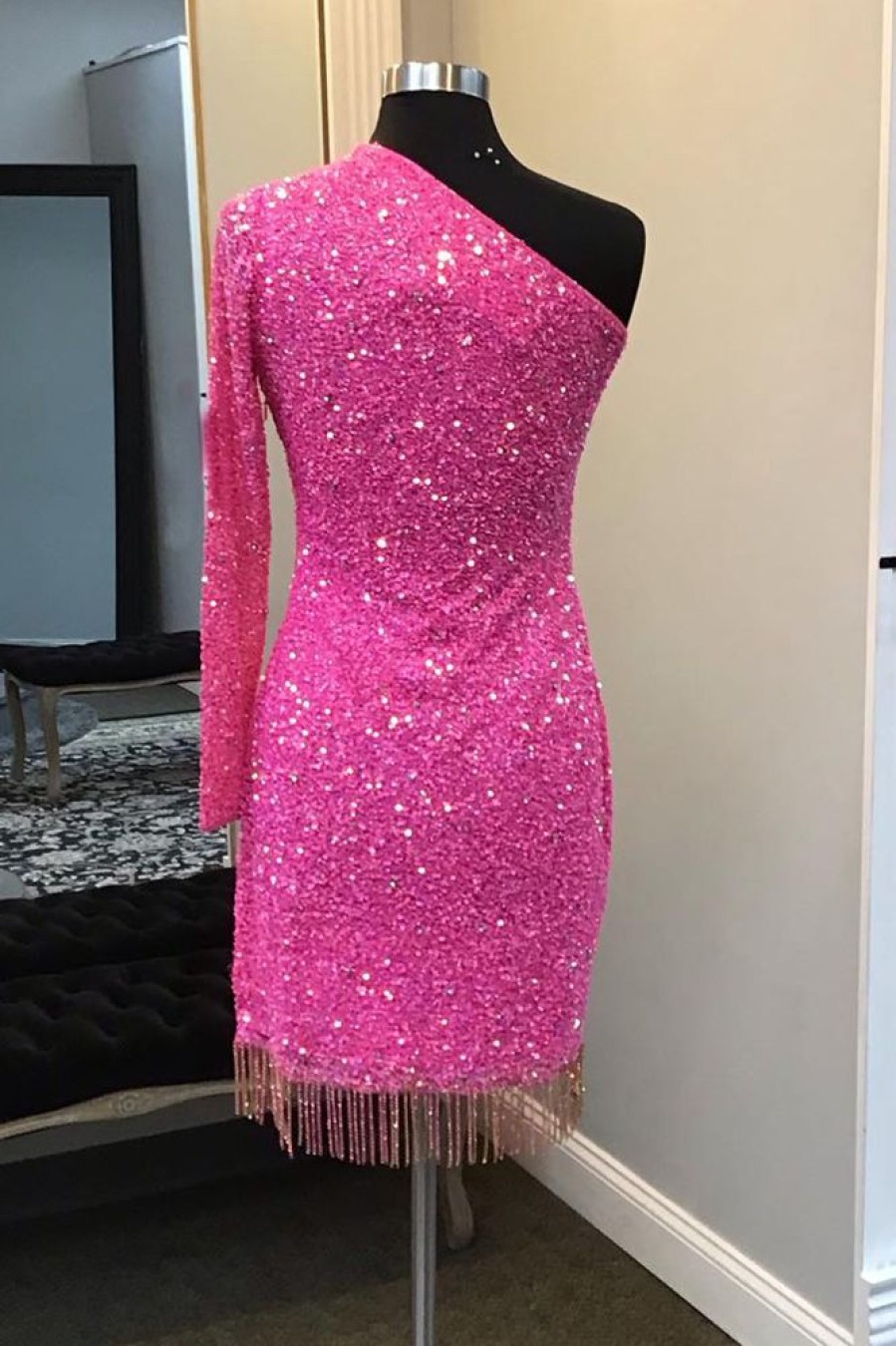 Homrain Sparkly Hot Pink Sequin Beaded Cut Out Tight Short Homecoming Dress With Fringes | Hot Pink Hoco Dresses