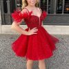 Homrain Sparkly Corset A-Line Short Homecoming Dress With Feathers | Red Hoco Dresses