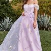 Homrain A Line Tulle Off The Shoulder Embroidery Prom Dress | Purple Prom Dresses