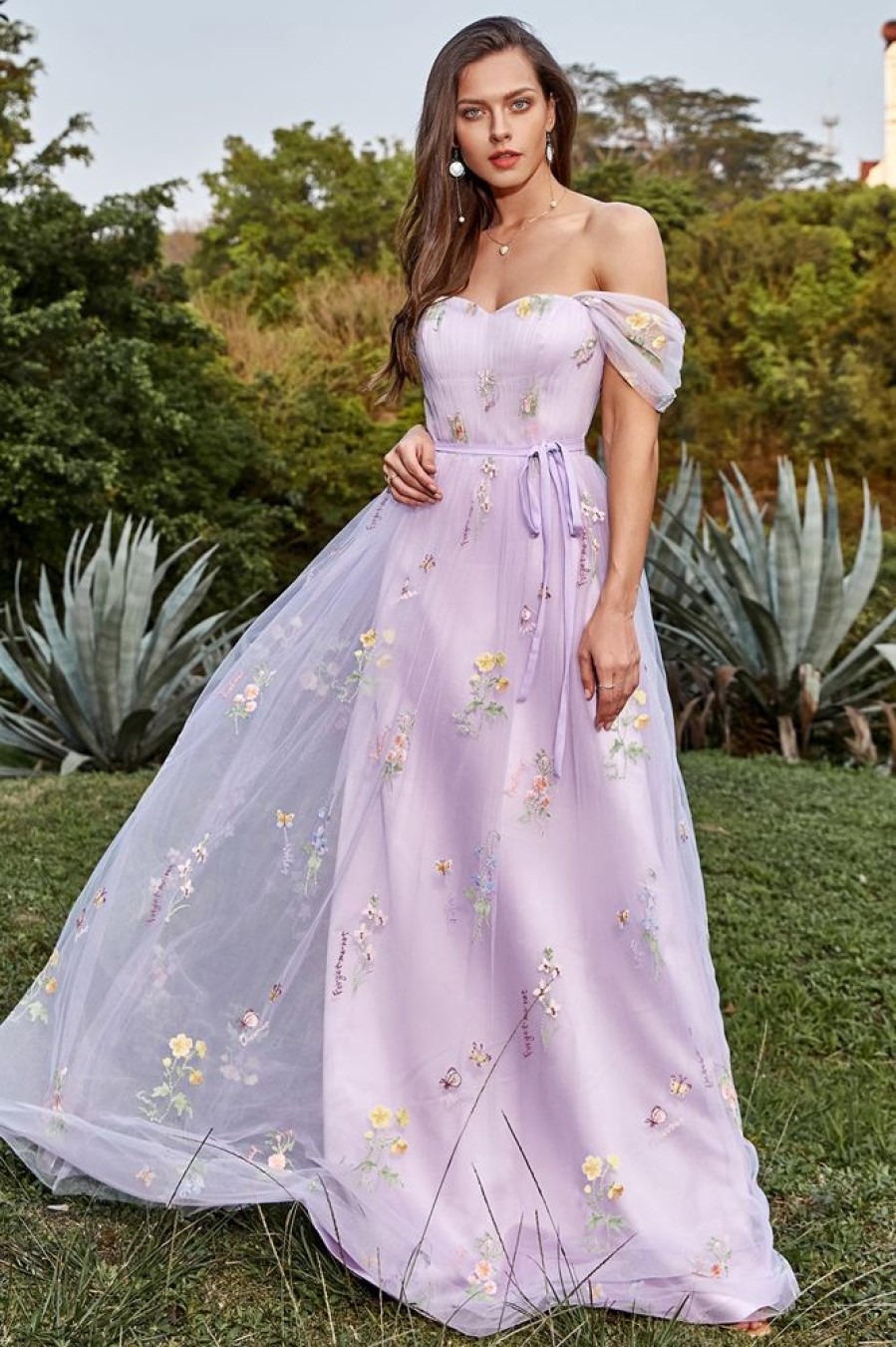 Homrain A Line Tulle Off The Shoulder Embroidery Prom Dress | Purple Prom Dresses