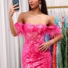 Homrain Gorgeous Sheath Off The Shoulder Short Homecoming Dress With Feather | Hot Pink Hoco Dresses