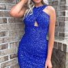 Homrain Glitter Halter Backless Sequins Tight Homecoming Dress | Blue Hoco Dresses