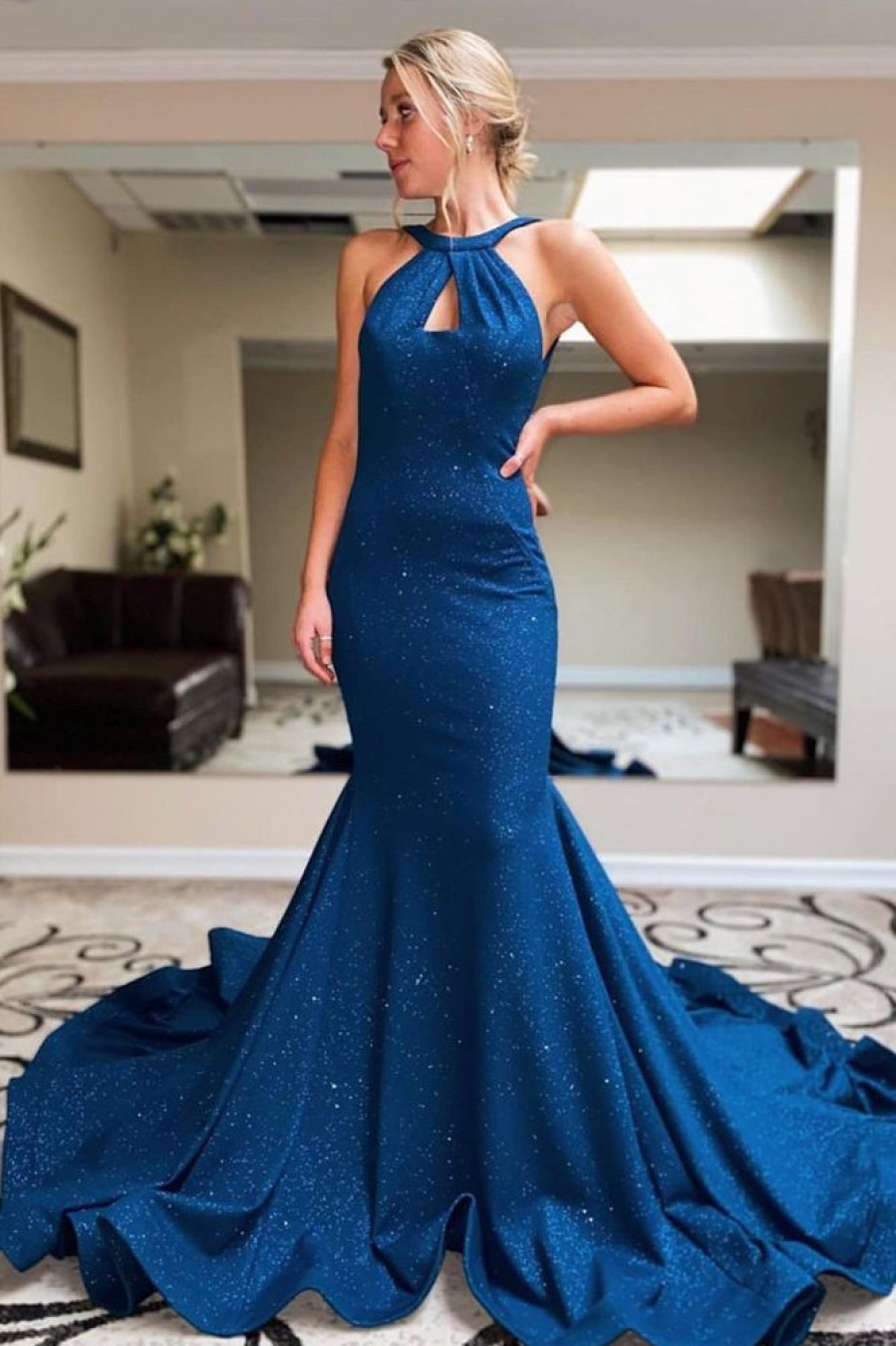 Homrain Halter Sparkly Mermaid Prom Dress | Blue Prom Dresses