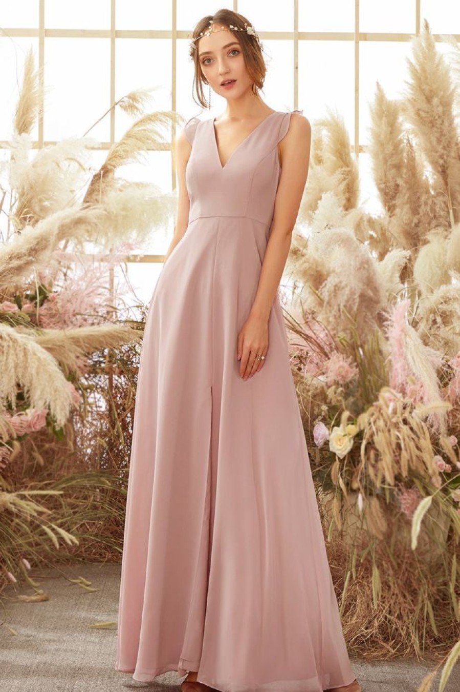 Homrain Blush Open Back Chiffon Bridesmaid Dress | Bridesmaid Dress Under 100