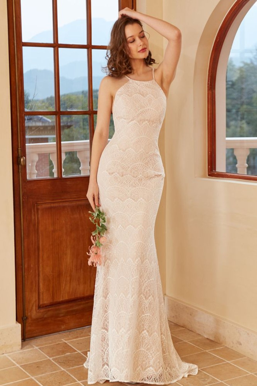 Homrain Mermaid Halter Lace Wedding Dress With Sweep Train | Beach Wedding Dresses