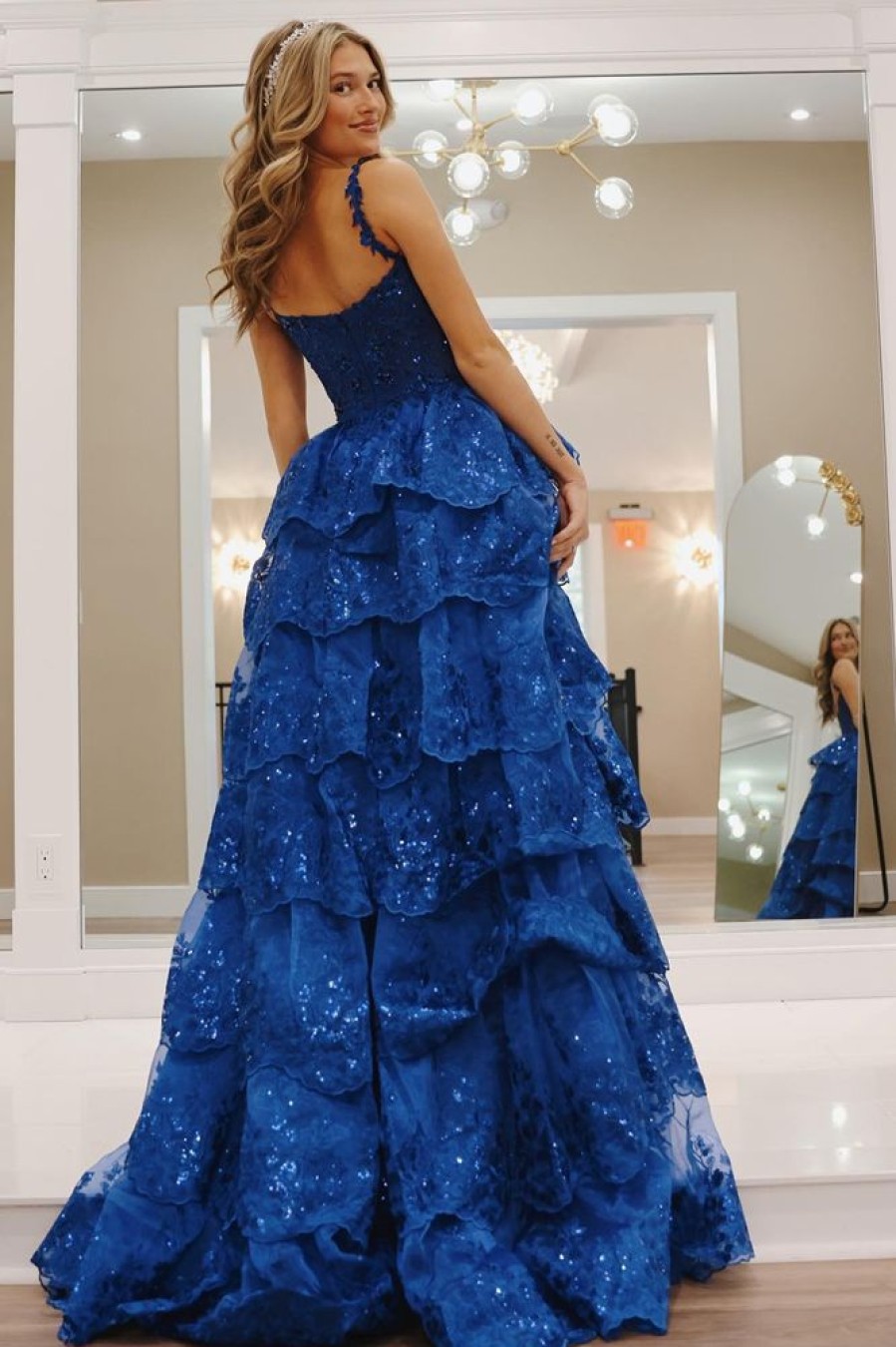 Homrain Glitter A Line Long Tiered Appliqued Prom Dress With Slit | Blue Prom Dresses