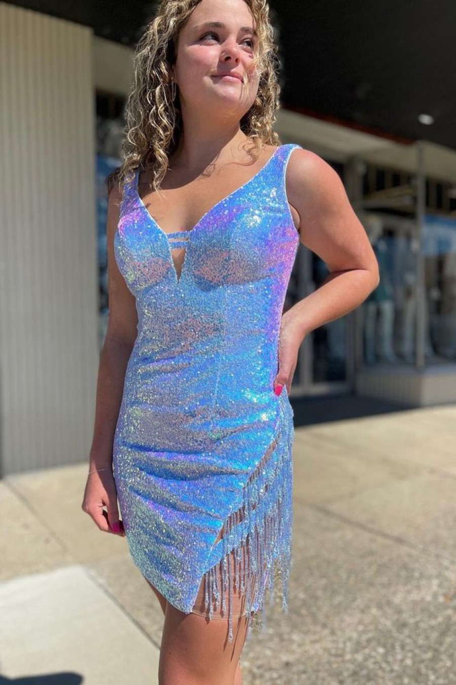 Homrain Sparkly Sequins Tight Short Homecoming Dress With Fringes | Blue Hoco Dresses