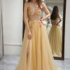 Homrain A Line Long Corset Prom Dress With Appliques | Gold Prom Dresses