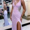 Homrain V-Neck Hollow-Out Backless Sequins Mermaid Prom Dress With Slit | Purple Prom Dresses