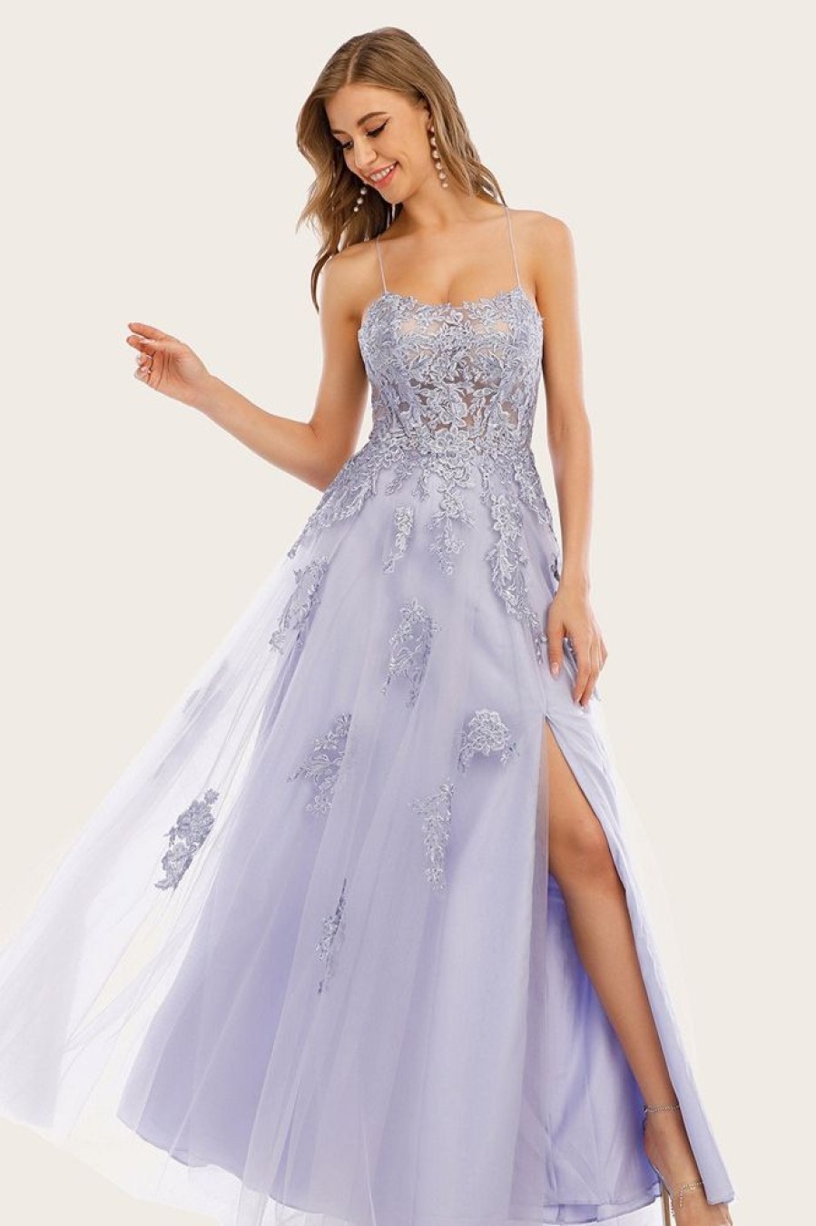 Homrain Tulle Long Prom Dress With Lace | Purple Prom Dresses