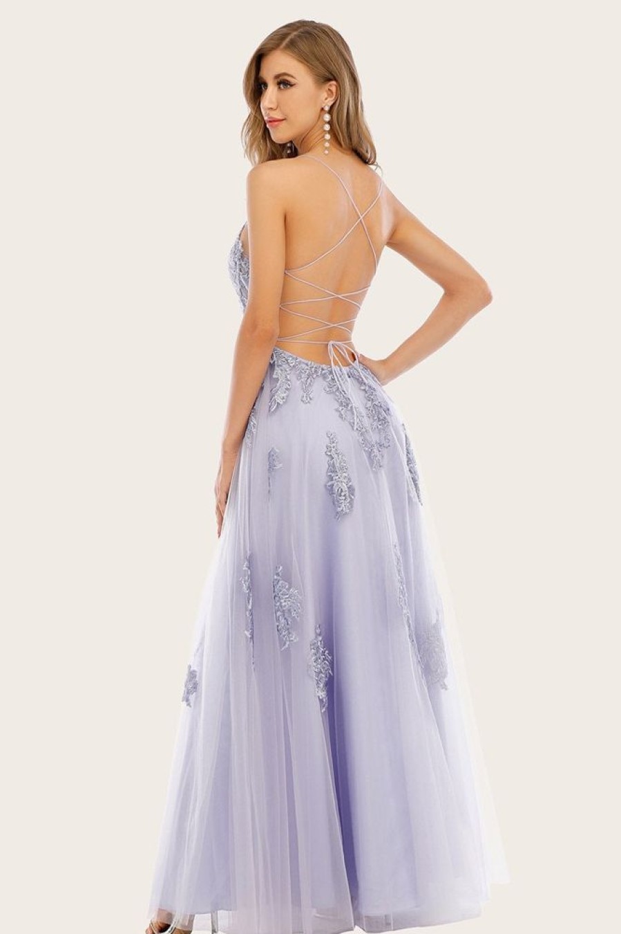 Homrain Tulle Long Prom Dress With Lace | Purple Prom Dresses