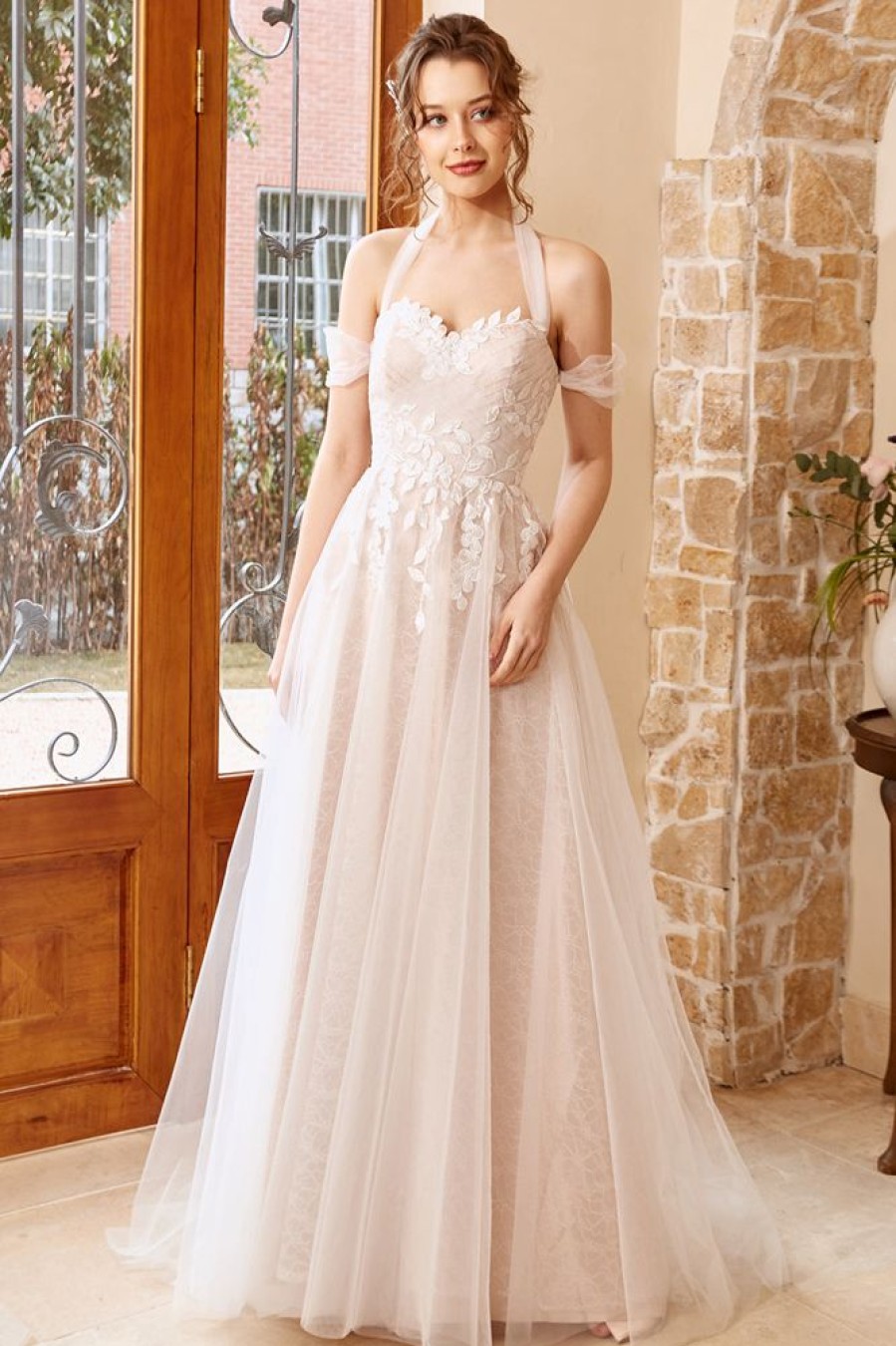 Homrain Elegant A Line Halter Long Wedding Dress With Appliques | Lace Wedding Dresses