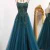 Homrain A Line Tulle Long Appliqued Prom Dress With Slit | Green Prom Dresses