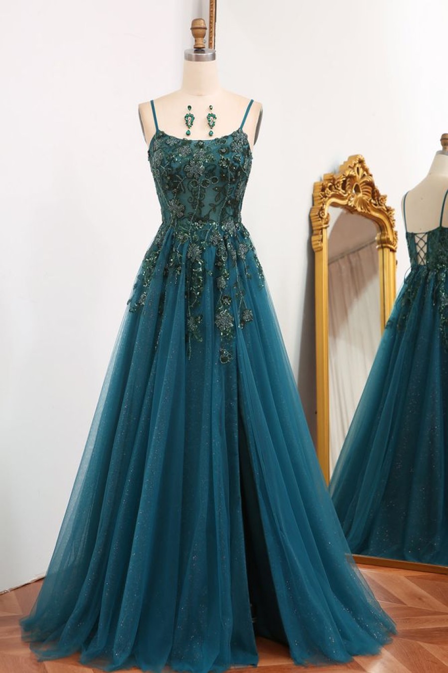 Homrain A Line Tulle Long Appliqued Prom Dress With Slit | Green Prom Dresses