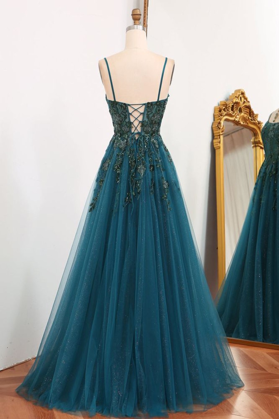 Homrain A Line Tulle Long Appliqued Prom Dress With Slit | Green Prom Dresses