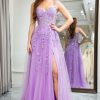 Homrain Tulle A Line Backless Appliqued Long Corset Prom Dress With Slit | Purple Prom Dresses