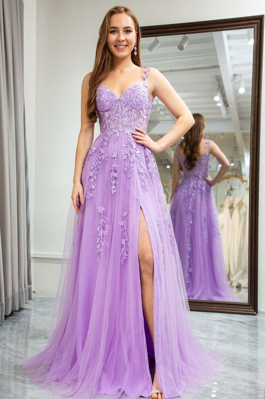 Homrain Tulle A Line Backless Appliqued Long Corset Prom Dress With Slit | Purple Prom Dresses