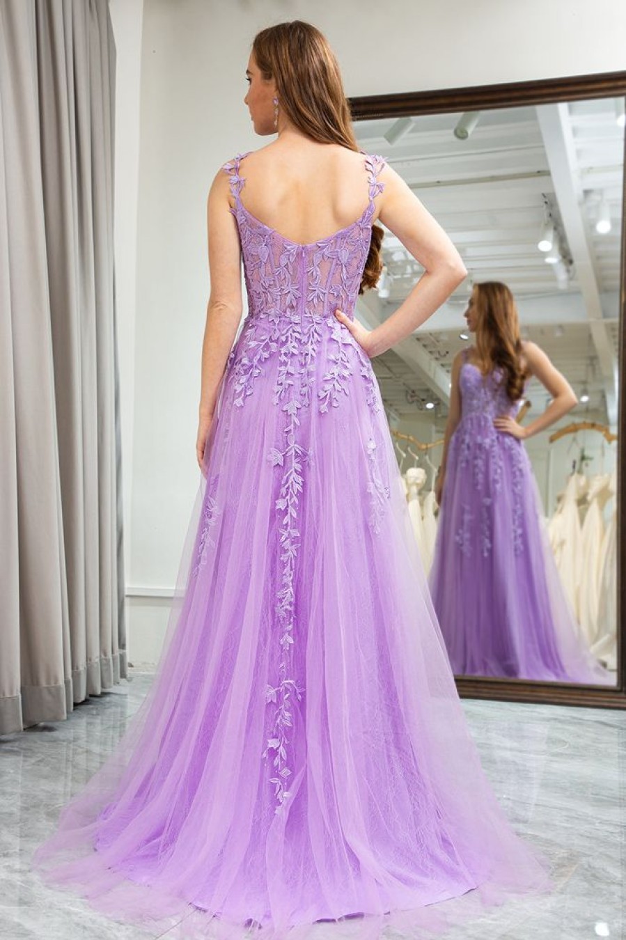 Homrain Tulle A Line Backless Appliqued Long Corset Prom Dress With Slit | Purple Prom Dresses