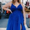 Homrain Tulle Plus Size Long Prom Dress With Appliques | Blue Prom Dresses