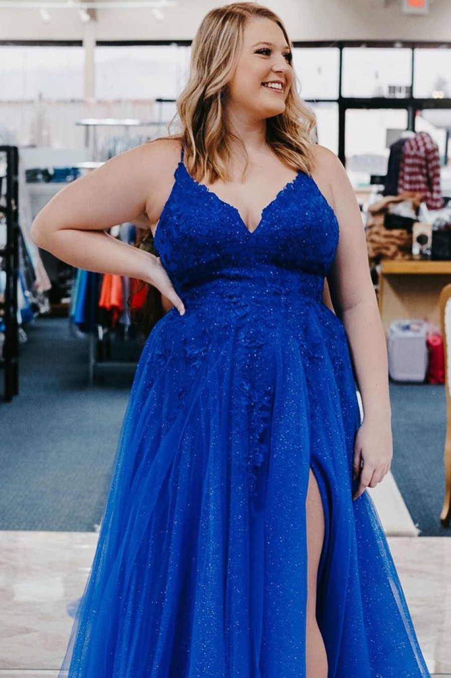 Homrain Tulle Plus Size Long Prom Dress With Appliques | Blue Prom Dresses