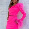 Homrain Sparkly One Shoulder Sequined Tight Short Homecoming Dress With Feathers | Hot Pink Hoco Dresses