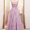 Homrain A Line Tulle Appliqued Long Prom Dress With Slit | Purple Prom Dresses