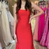 Homrain Simple Mermaid Spaghetti Straps Lace-Up Back Long Prom Dress | Red Prom Dresses