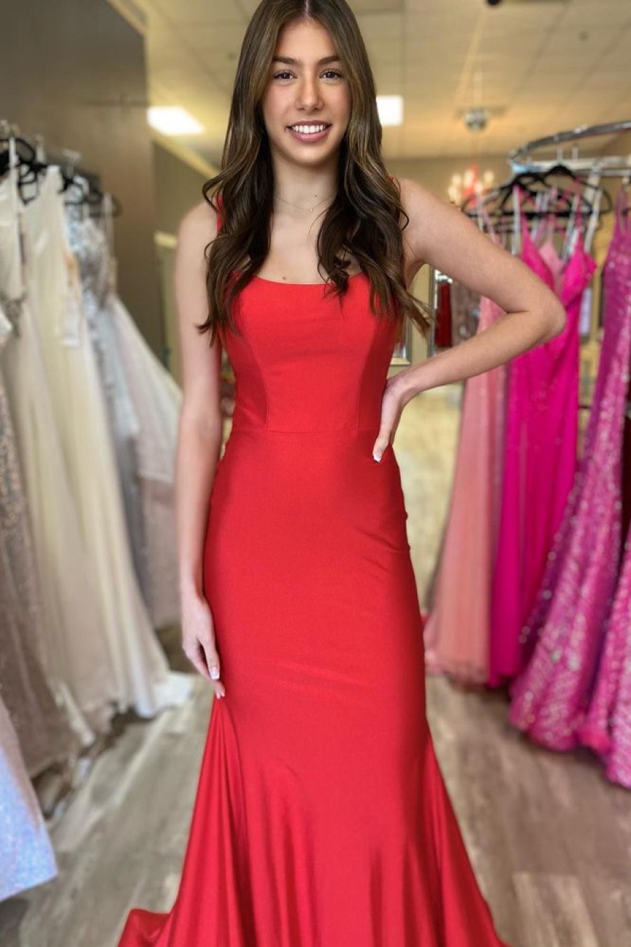 Homrain Simple Mermaid Spaghetti Straps Lace-Up Back Long Prom Dress | Red Prom Dresses