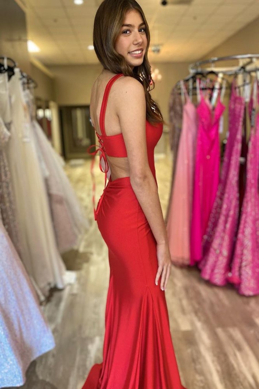 Homrain Simple Mermaid Spaghetti Straps Lace-Up Back Long Prom Dress | Red Prom Dresses