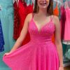 Homrain Sparkly Hot Pink Open Back Sequins A-Line Short Homecoming Dress | Pink Hoco Dresses