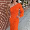 Homrain Sparkly Sequins One Shoulder One Sleeve Long Prom Dress | Orange Prom Dresses