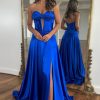 Homrain A-Line Corset Satin Long Prom Dress With Slit | Blue Prom Dresses