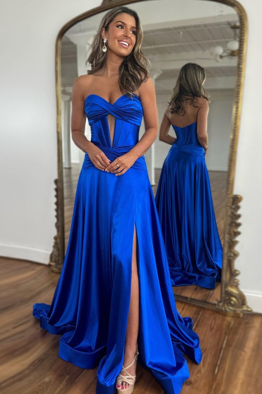 Homrain A-Line Corset Satin Long Prom Dress With Slit | Blue Prom Dresses