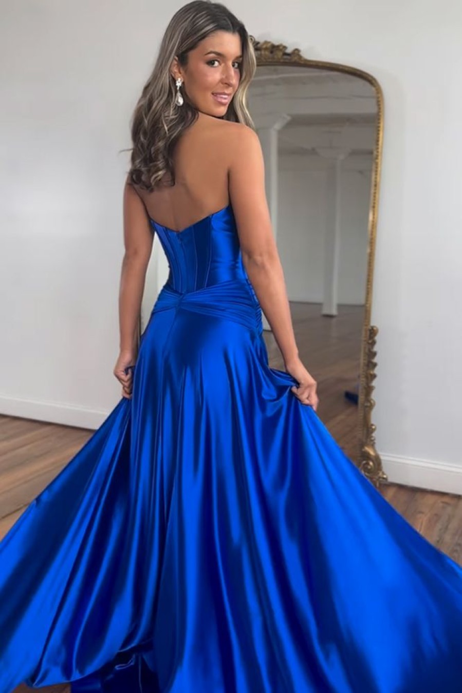 Homrain A-Line Corset Satin Long Prom Dress With Slit | Blue Prom Dresses