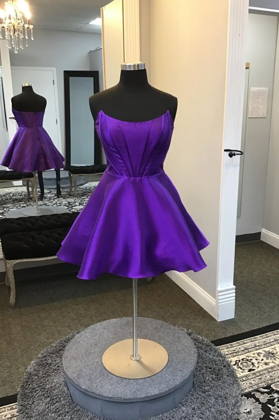 Homrain Corset A-Line Strapless Satin Short Homecoming Dress | Purple Hoco Dresses