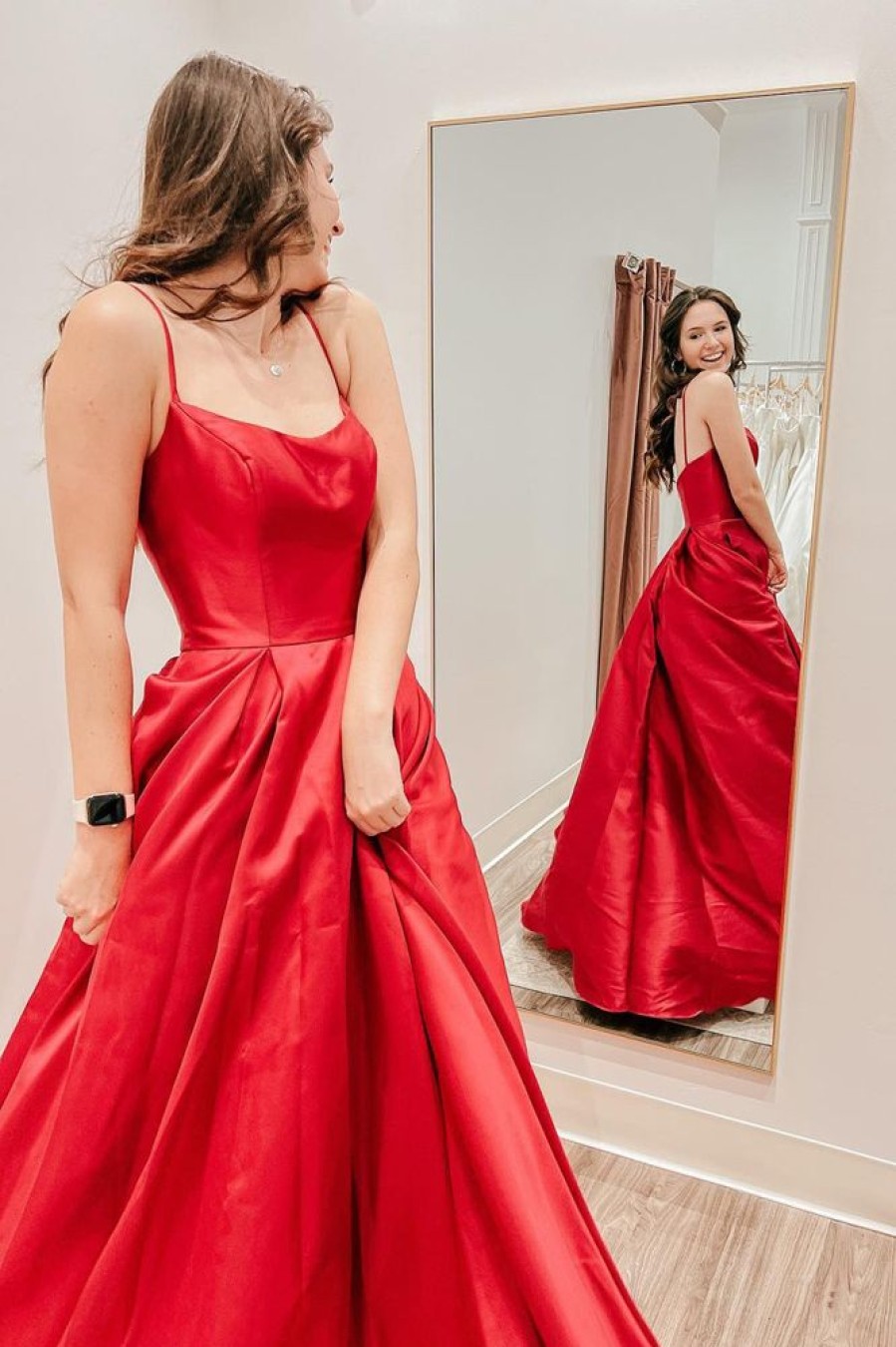 Homrain Satin Spaghetti Straps A-Line Prom Dress | Red Prom Dresses