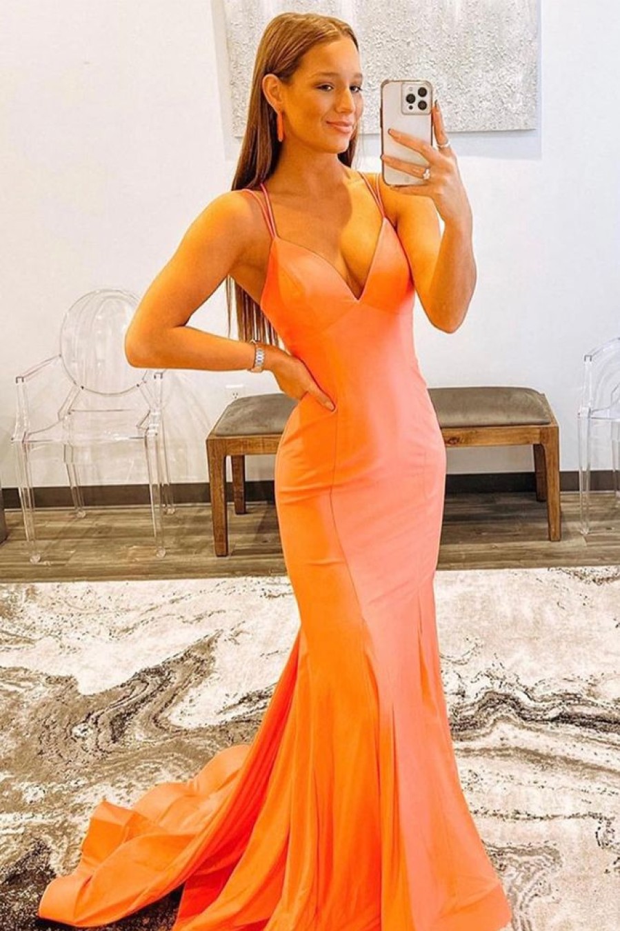 Homrain Spaghetti Straps Blackless Mermaid Prom Dress | Orange Prom Dresses