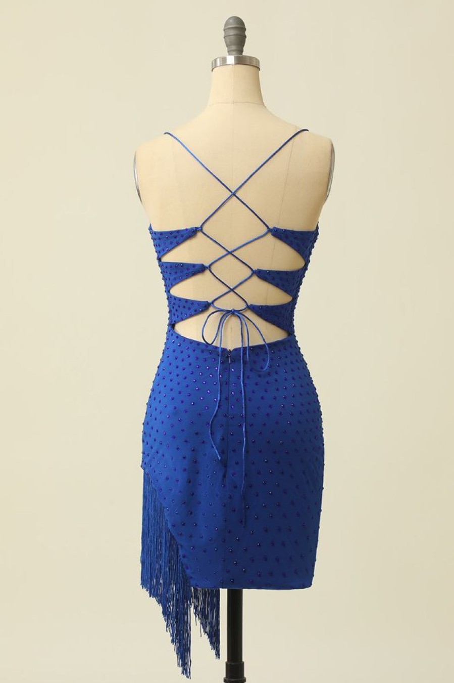 Homrain Spaghetti Straps Homecoming Dress With Fringes | Blue Hoco Dresses