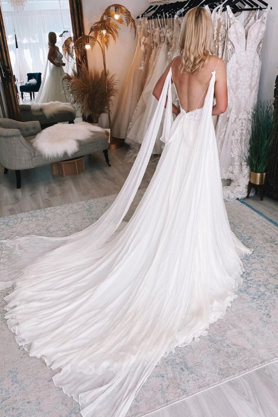 Homrain A-Line Watteau Train Boho Long Chiffon Wedding Dress With Lace | Simple Wedding Dresses