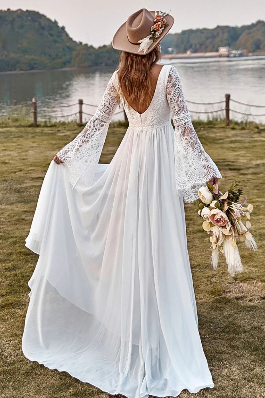 Homrain Lace Chiffon Trumpet Sleeve Boho Wedding Dress | Beach Wedding Dresses