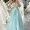 Homrain A Line Tulle Off The Shoulder Long Prom Dress With Appliques | Green Prom Dresses