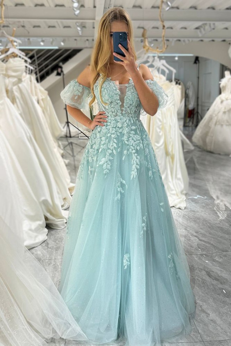 Homrain A Line Tulle Off The Shoulder Long Prom Dress With Appliques | Green Prom Dresses